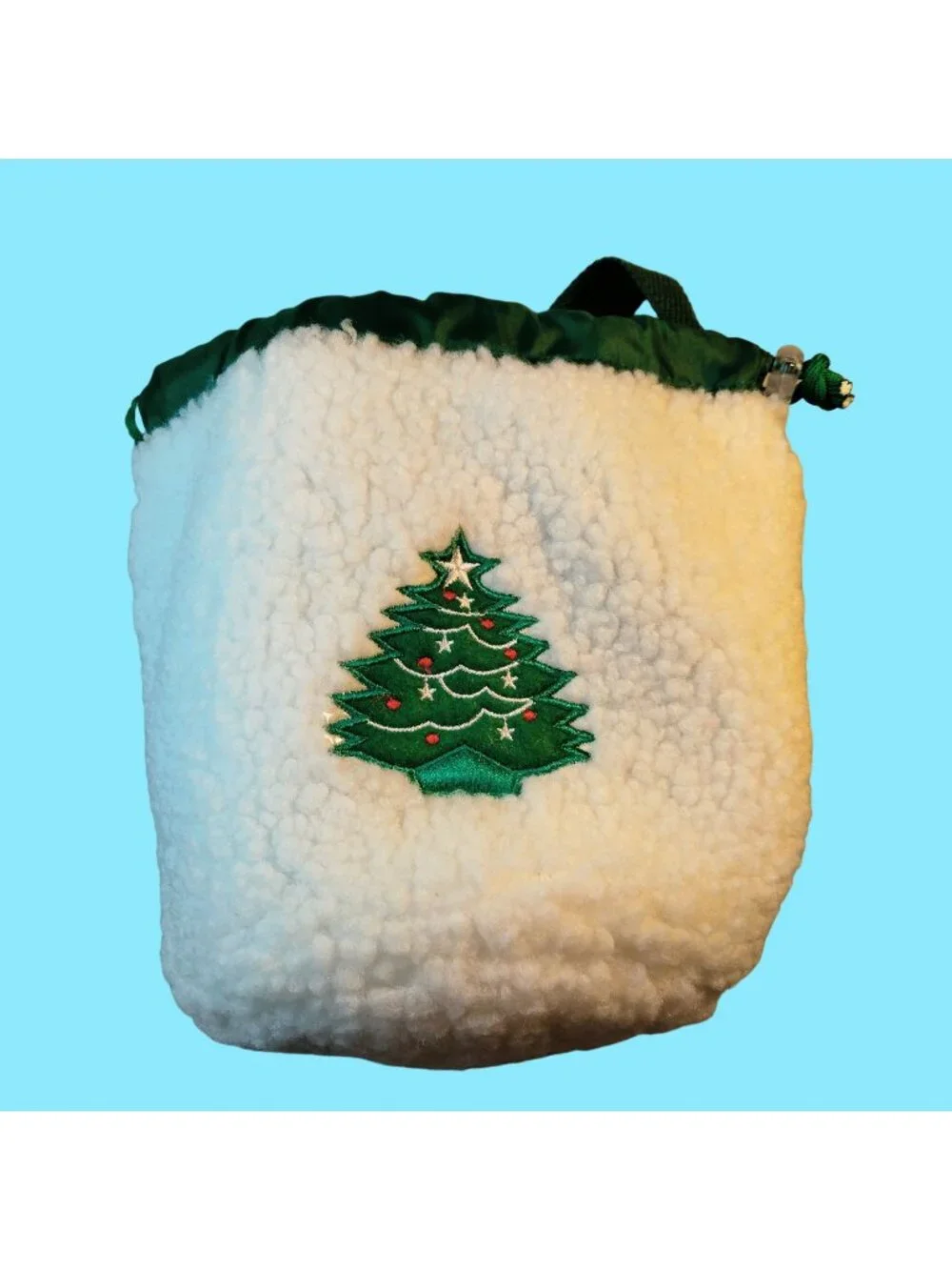 Sherpa Drawstring Tote Bag Christmas Tree Embroidered Fleece Sack Lined